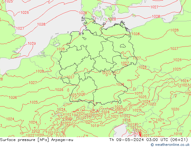 приземное давление Arpege-eu чт 09.05.2024 03 UTC