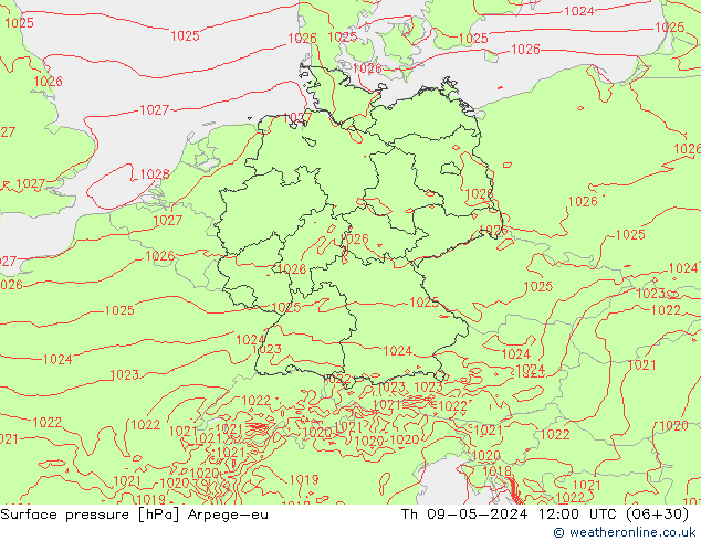 Surface pressure Arpege-eu Th 09.05.2024 12 UTC