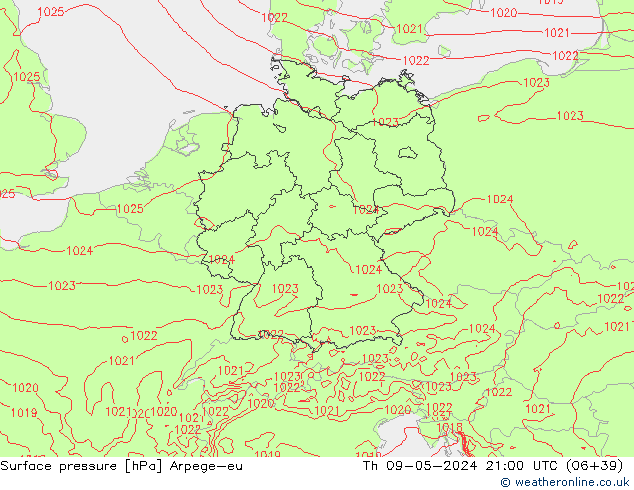 Surface pressure Arpege-eu Th 09.05.2024 21 UTC