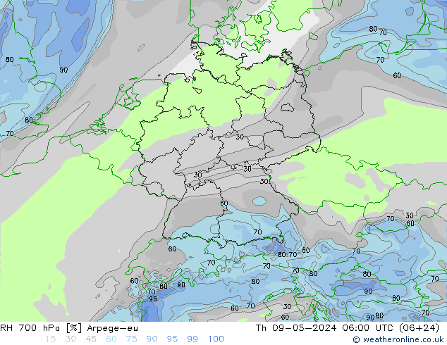 Humidité rel. 700 hPa Arpege-eu jeu 09.05.2024 06 UTC