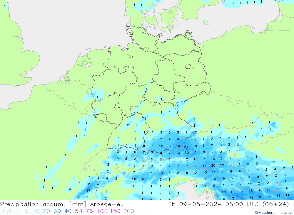 Precipitation accum. Arpege-eu  09.05.2024 06 UTC