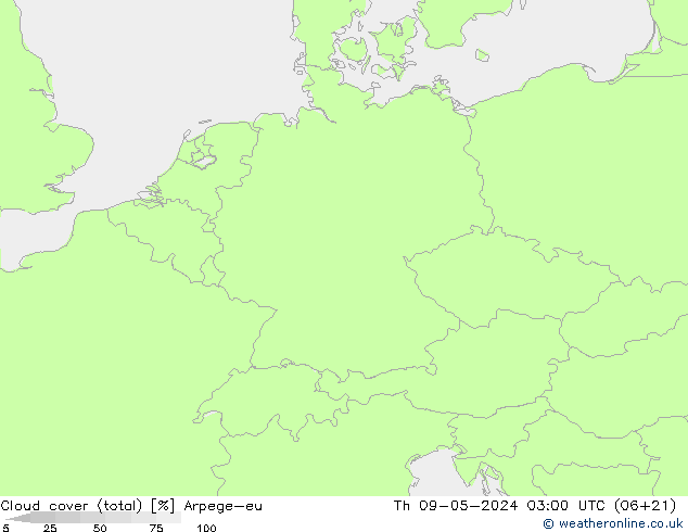 Cloud cover (total) Arpege-eu Th 09.05.2024 03 UTC