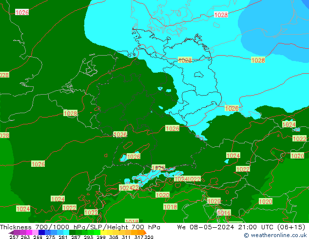 Thck 700-1000 hPa Arpege-eu St 08.05.2024 21 UTC