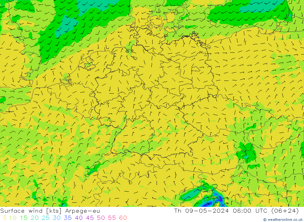 ветер 10 m Arpege-eu чт 09.05.2024 06 UTC