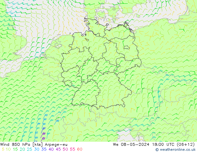 Wind 850 hPa Arpege-eu We 08.05.2024 18 UTC