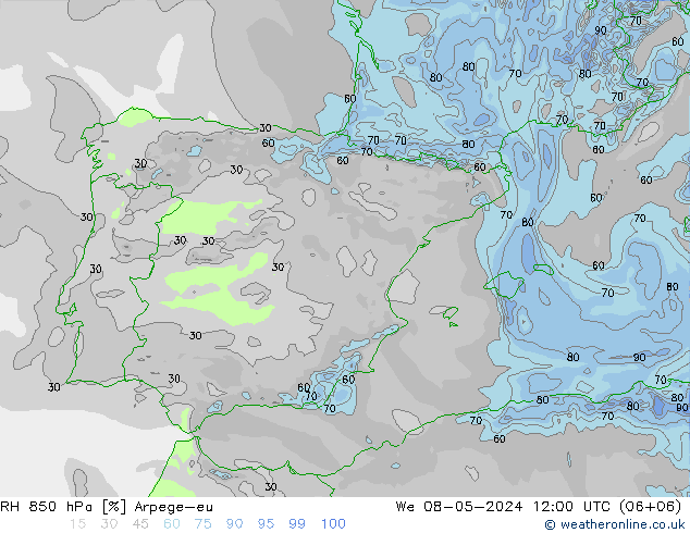RH 850 hPa Arpege-eu śro. 08.05.2024 12 UTC
