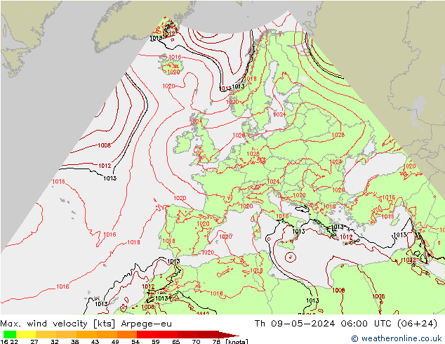 Max. wind velocity Arpege-eu 星期四 09.05.2024 06 UTC