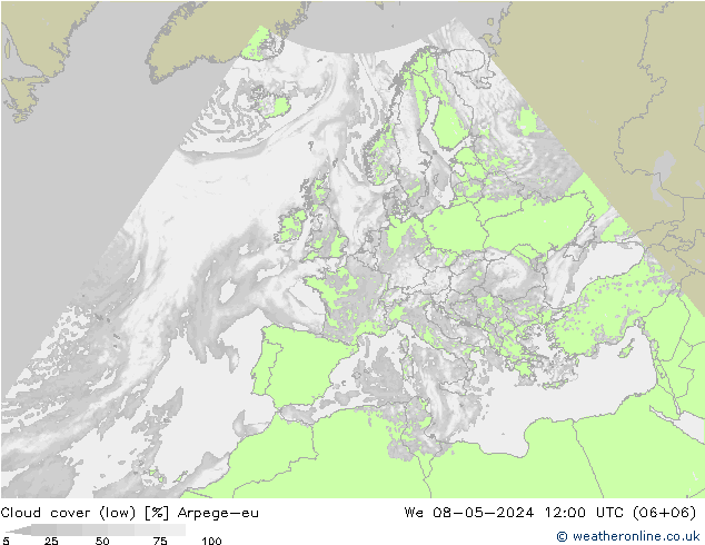 Cloud cover (low) Arpege-eu We 08.05.2024 12 UTC