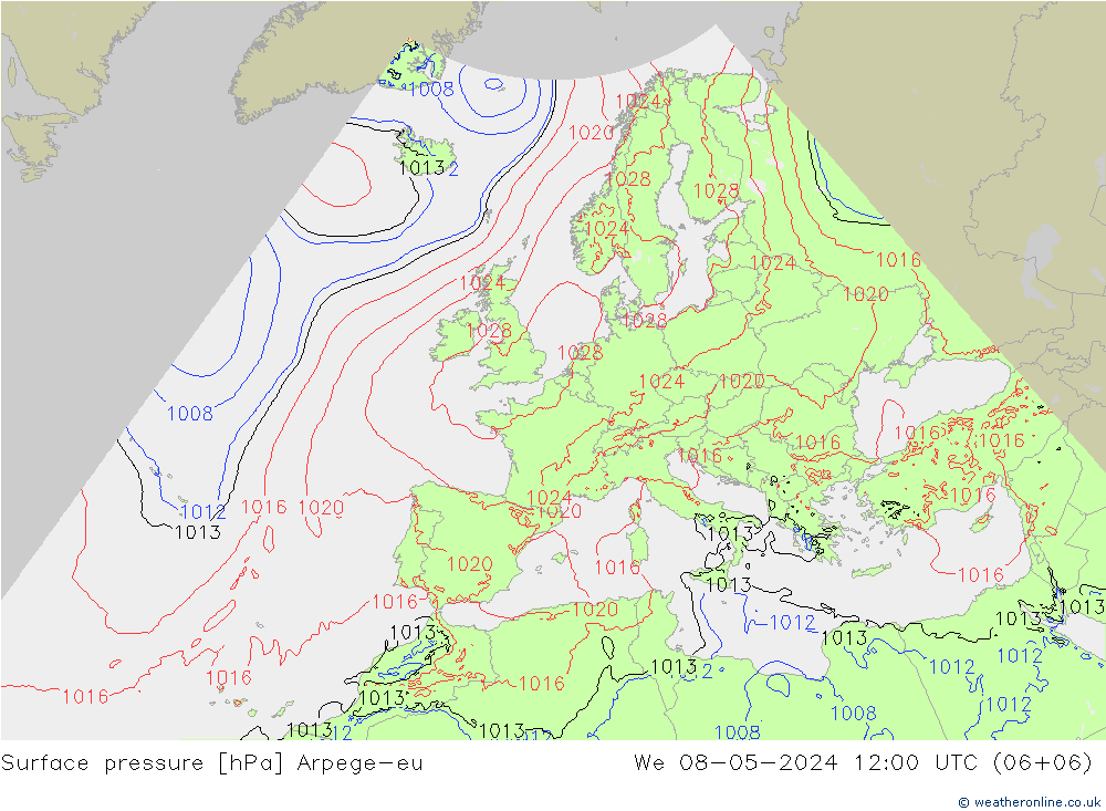 Pressione al suolo Arpege-eu mer 08.05.2024 12 UTC