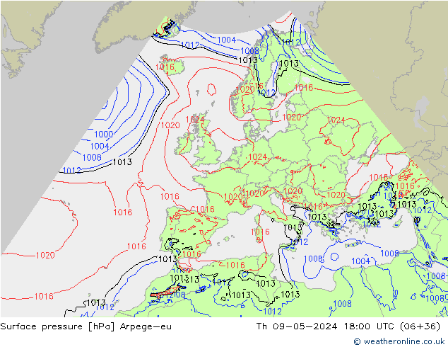 Pressione al suolo Arpege-eu gio 09.05.2024 18 UTC
