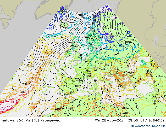 Theta-e 850hPa Arpege-eu mer 08.05.2024 09 UTC