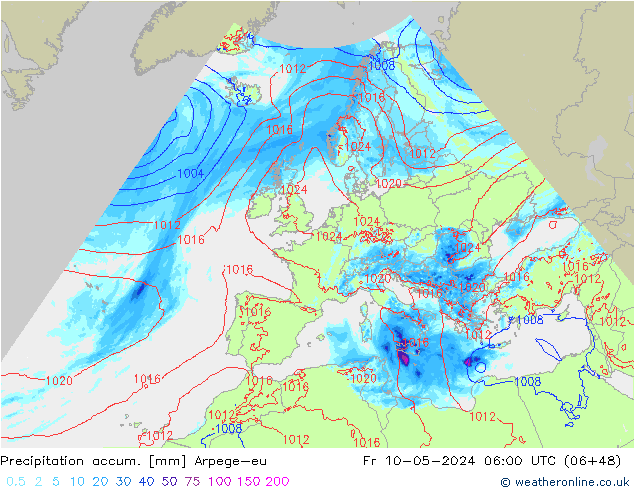 Totale neerslag Arpege-eu vr 10.05.2024 06 UTC