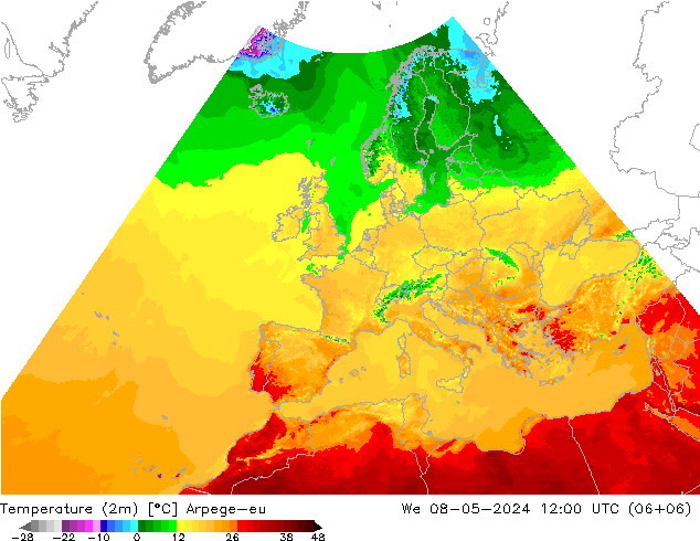 Temperatura (2m) Arpege-eu mié 08.05.2024 12 UTC