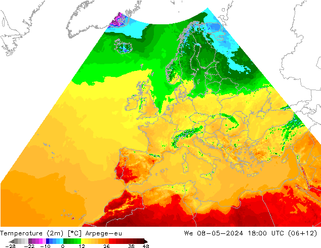 Temperatuurkaart (2m) Arpege-eu wo 08.05.2024 18 UTC