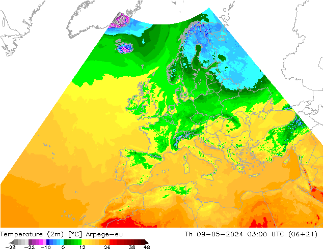 Temperatura (2m) Arpege-eu Qui 09.05.2024 03 UTC