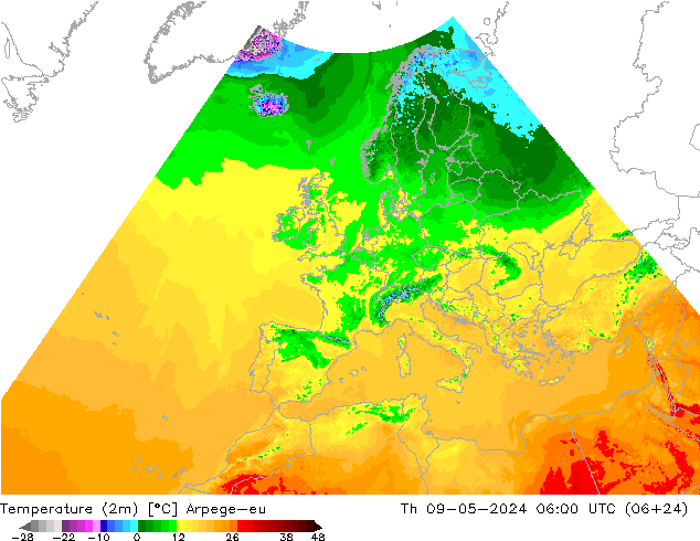 Temperaturkarte (2m) Arpege-eu Do 09.05.2024 06 UTC