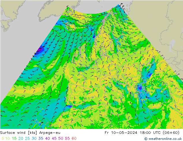 Wind 10 m Arpege-eu vr 10.05.2024 18 UTC