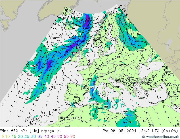 Wind 850 hPa Arpege-eu Mi 08.05.2024 12 UTC