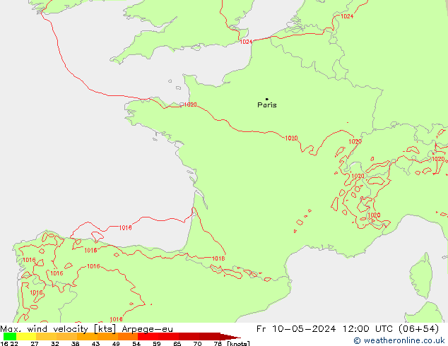 Max. wind velocity Arpege-eu  10.05.2024 12 UTC