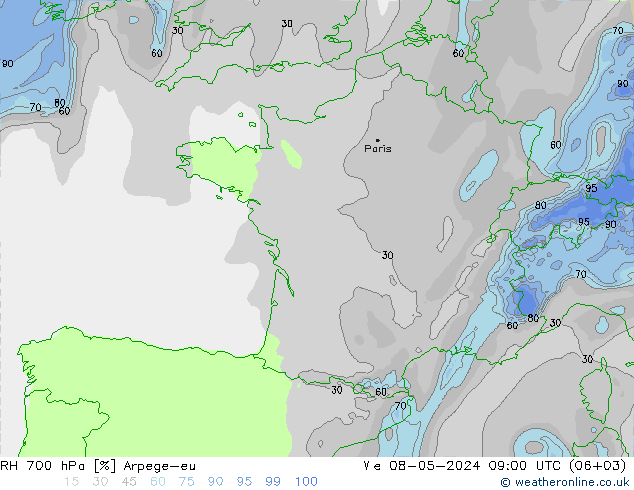 Humedad rel. 700hPa Arpege-eu mié 08.05.2024 09 UTC