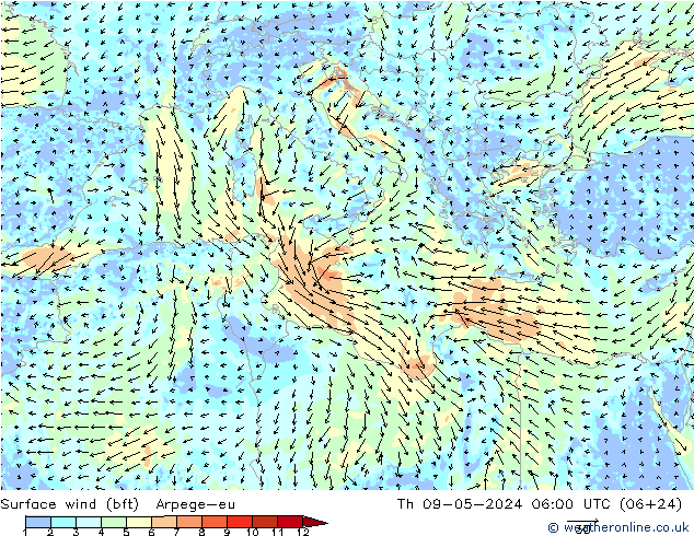 Rüzgar 10 m (bft) Arpege-eu Per 09.05.2024 06 UTC