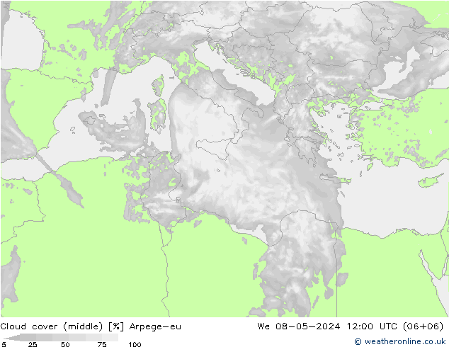 Cloud cover (middle) Arpege-eu We 08.05.2024 12 UTC