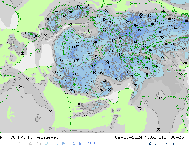 RH 700 hPa Arpege-eu Qui 09.05.2024 18 UTC