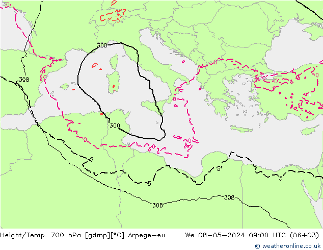 Yükseklik/Sıc. 700 hPa Arpege-eu Çar 08.05.2024 09 UTC