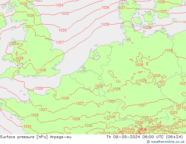 Presión superficial Arpege-eu jue 09.05.2024 06 UTC