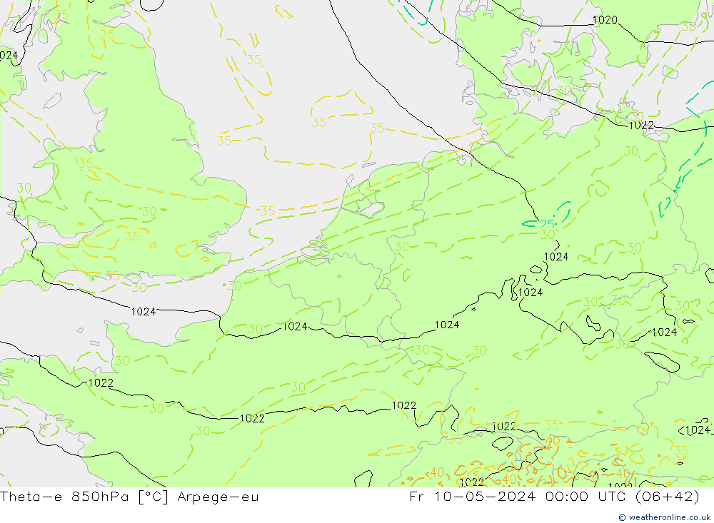 Theta-e 850hPa Arpege-eu Pá 10.05.2024 00 UTC