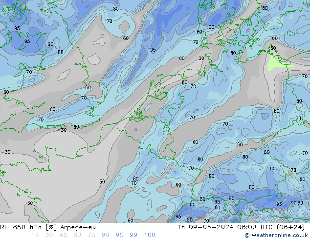 RH 850 hPa Arpege-eu Čt 09.05.2024 06 UTC