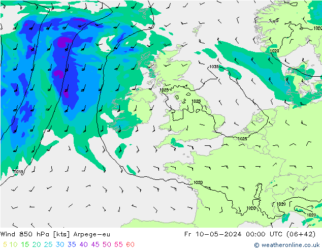 Wind 850 hPa Arpege-eu Fr 10.05.2024 00 UTC