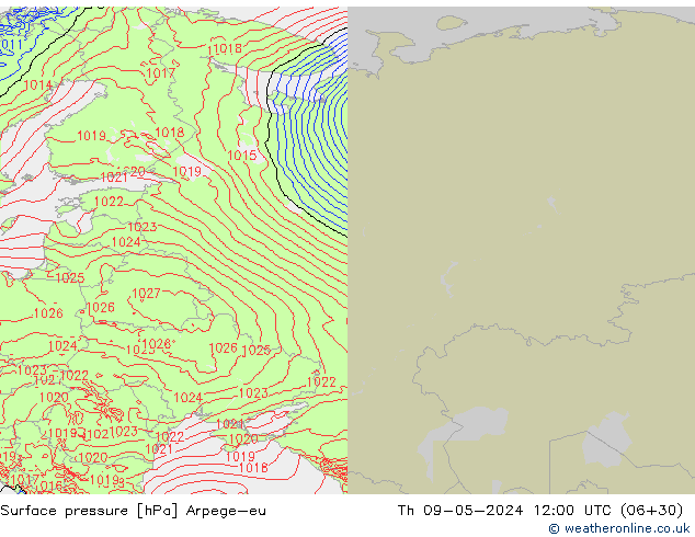 Atmosférický tlak Arpege-eu Čt 09.05.2024 12 UTC