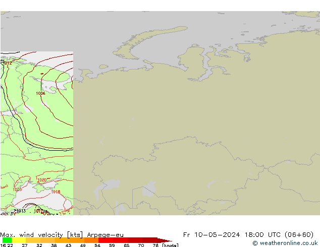 Max. wind velocity Arpege-eu Fr 10.05.2024 18 UTC