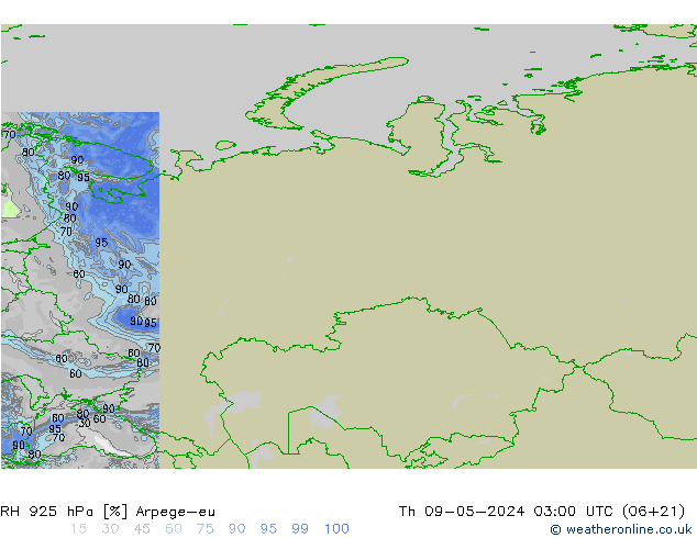 RH 925 hPa Arpege-eu Čt 09.05.2024 03 UTC