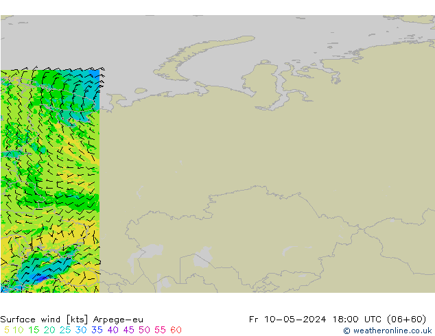 Wind 10 m Arpege-eu vr 10.05.2024 18 UTC