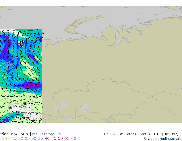 ветер 850 гПа Arpege-eu пт 10.05.2024 18 UTC