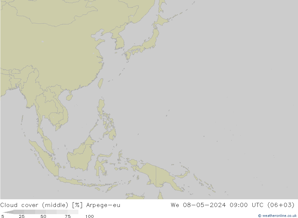 Cloud cover (middle) Arpege-eu We 08.05.2024 09 UTC
