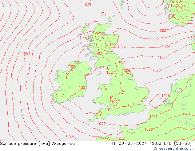 Surface pressure Arpege-eu Th 09.05.2024 12 UTC