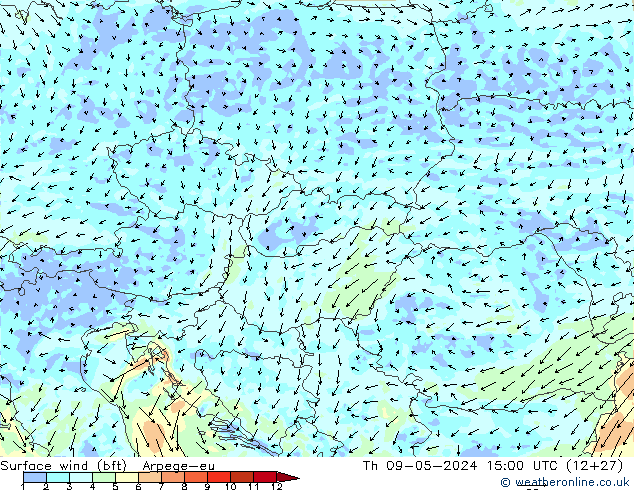 Surface wind (bft) Arpege-eu Th 09.05.2024 15 UTC