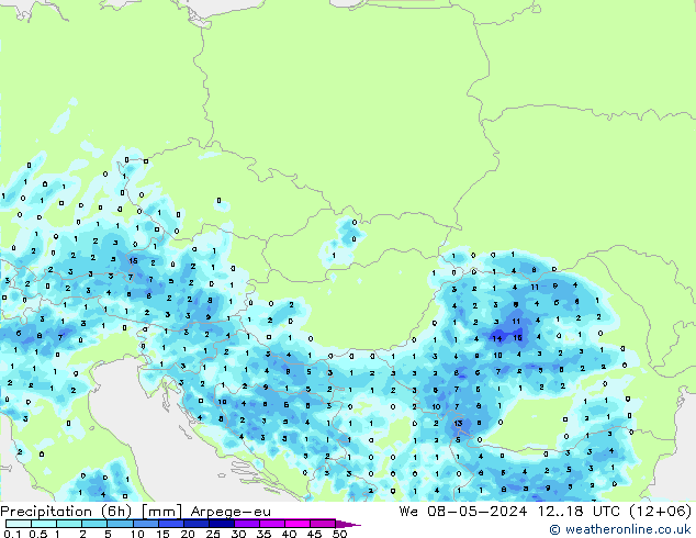Precipitação (6h) Arpege-eu Qua 08.05.2024 18 UTC