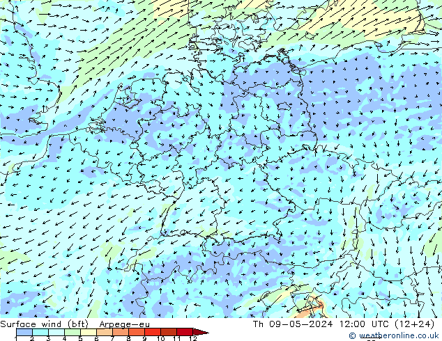 Wind 10 m (bft) Arpege-eu do 09.05.2024 12 UTC