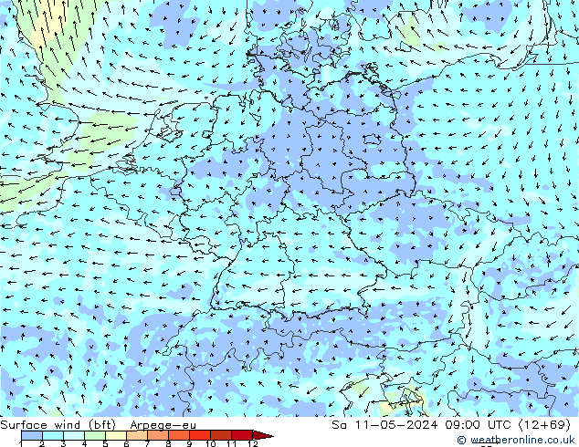 Surface wind (bft) Arpege-eu Sa 11.05.2024 09 UTC