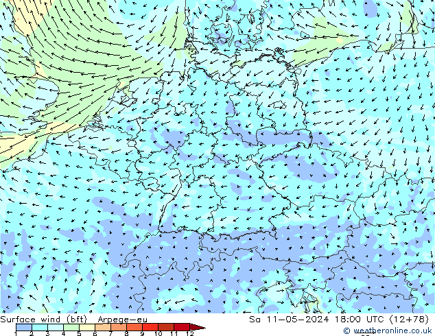 Surface wind (bft) Arpege-eu Sa 11.05.2024 18 UTC
