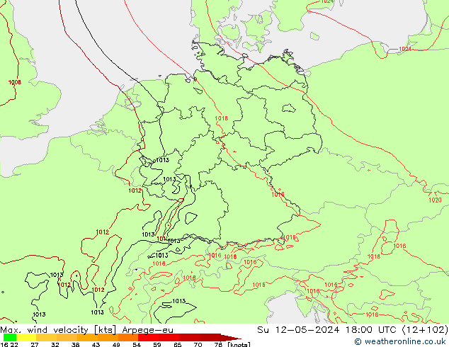 Max. wind velocity Arpege-eu Su 12.05.2024 18 UTC