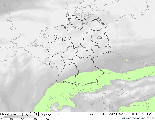 Cloud cover (high) Arpege-eu Sa 11.05.2024 03 UTC