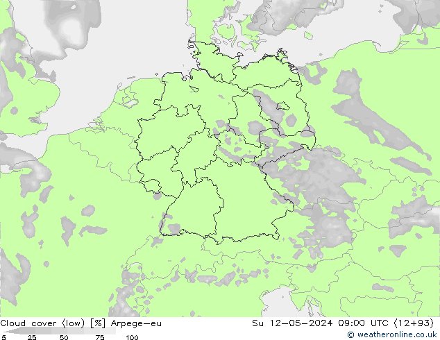 Cloud cover (low) Arpege-eu Su 12.05.2024 09 UTC