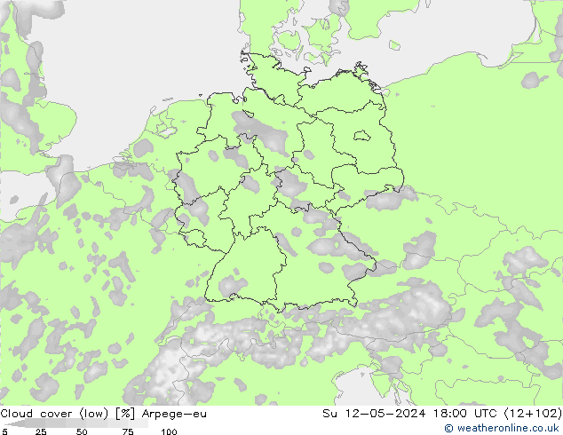 Cloud cover (low) Arpege-eu Su 12.05.2024 18 UTC