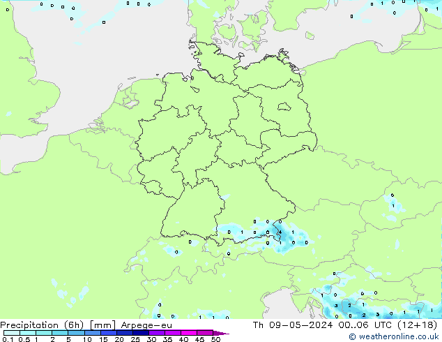 Precipitation (6h) Arpege-eu Čt 09.05.2024 06 UTC