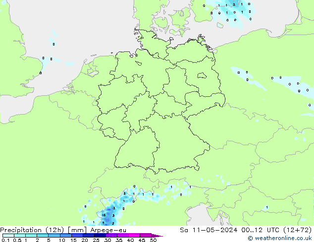 осадки (12h) Arpege-eu сб 11.05.2024 12 UTC